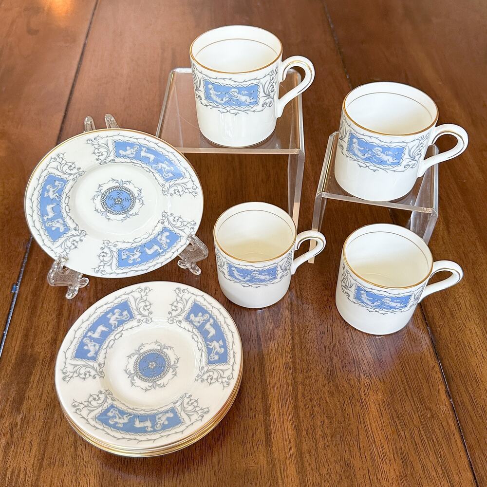 Coalport Revelry Demitasse Coffee Cups Saucers Set of 4 Cupid Scrolls Grey Blue - Picture 7 of 13